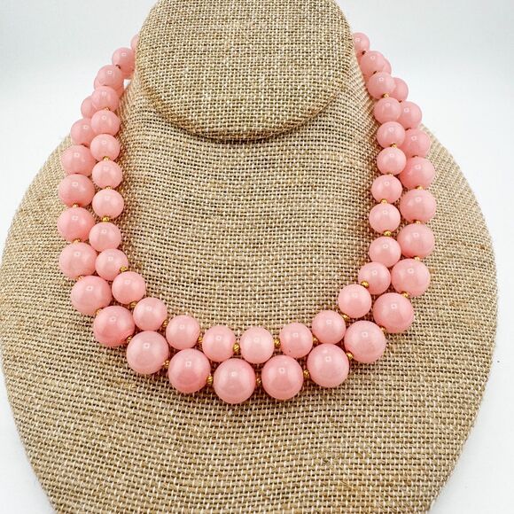 Vintage Pink Lucite Bead Necklace – Double Strand Retro Bubblegum Glam Barbie - Picture 3 of 11